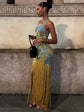 Tassel Hemline Printed Halter Dress Sleeveless Suspender Pleats Waist Cinched Slimming Sexy Robes Fringed Women Long Dresses New SHOPEZRA L.L.C.
