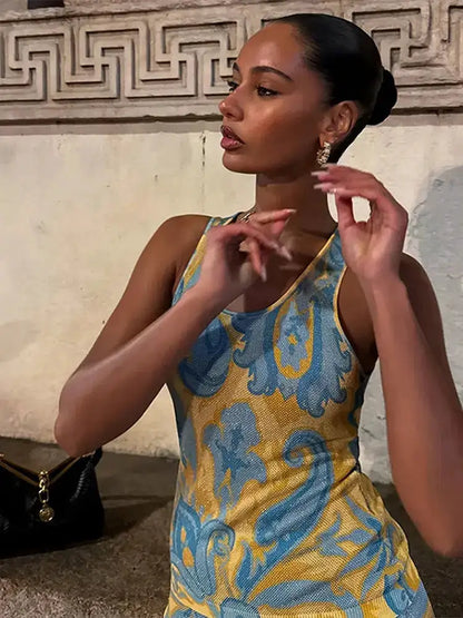 Tassel Hemline Printed Halter Dress Sleeveless Suspender Pleats Waist Cinched Slimming Sexy Robes Fringed Women Long Dresses New by Dropshipman