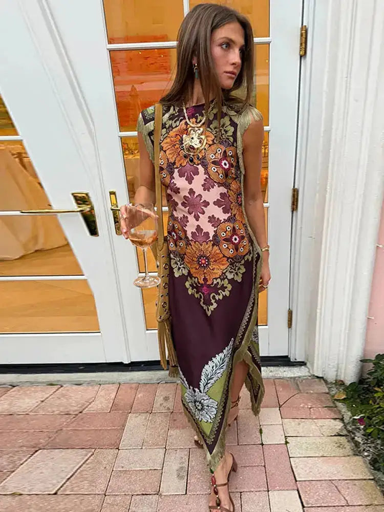 Fashion Tassel Patchwork Floral Printed Dresses Elegant Sleeveless Female Irregular Dresses 2026 Summer Lady Beach Party Robes by Dropshipman