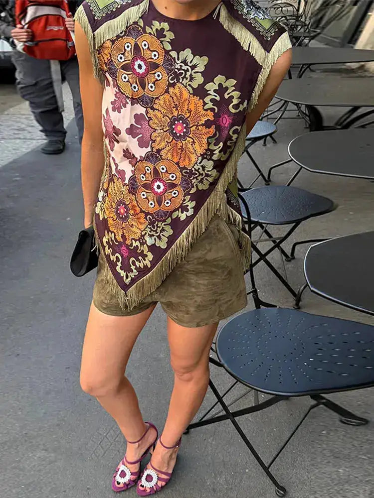 Fashion Tassel Patchwork Floral Printed Dresses Elegant Sleeveless Female Irregular Dresses 2026 Summer Lady Beach Party Robes by Dropshipman