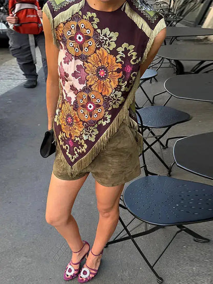 Fashion Tassel Patchwork Floral Printed Dresses Elegant Sleeveless Female Irregular Dresses 2026 Summer Lady Beach Party Robes by Dropshipman