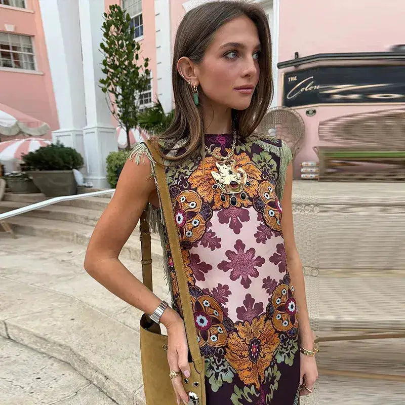 Fashion Tassel Patchwork Floral Printed Dresses Elegant Sleeveless Female Irregular Dresses 2026 Summer Lady Beach Party Robes by Dropshipman