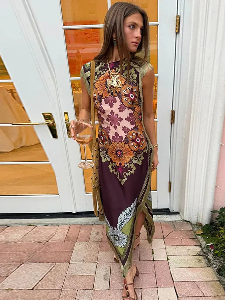 Fashion Tassel Patchwork Floral Printed Dresses Elegant Sleeveless Female Irregular Dresses 2026 Summer Lady Beach Party Robes SHOPEZRA L.L.C.