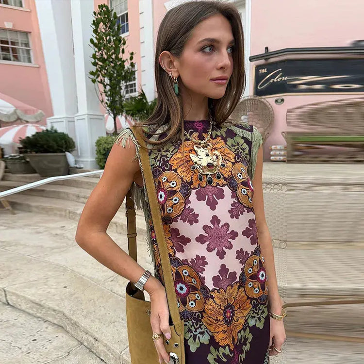 Fashion Tassel Patchwork Floral Printed Dresses Elegant Sleeveless Female Irregular Dresses 2026 Summer Lady Beach Party Robes SHOPEZRA L.L.C.