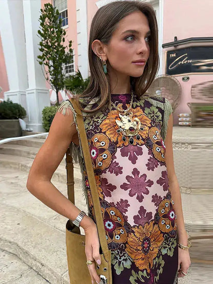 Fashion Tassel Patchwork Floral Printed Dresses Elegant Sleeveless Female Irregular Dresses 2026 Summer Lady Beach Party Robes by Dropshipman