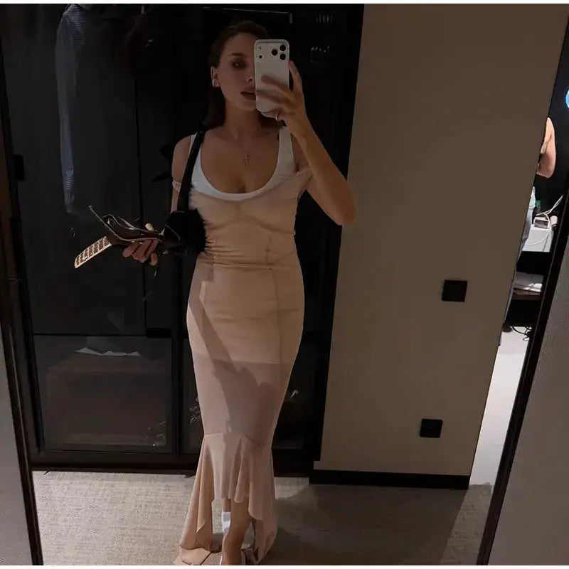 Mesh Overlay Lace Hem Slip Midi Dress Slim Spaghetti Strap Sheer 2026 Summer Elegant Women Bodycon Dress Retro Date Lady Gown by Dropshipman