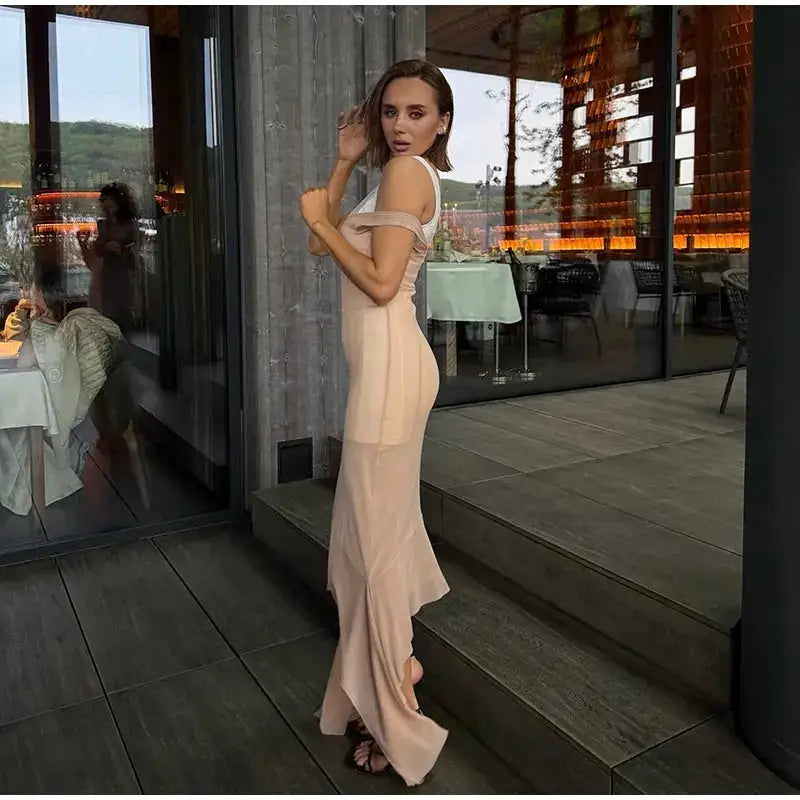 Mesh Overlay Lace Hem Slip Midi Dress Slim Spaghetti Strap Sheer 2026 Summer Elegant Women Bodycon Dress Retro Date Lady Gown by Dropshipman