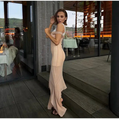 Mesh Overlay Lace Hem Slip Midi Dress Slim Spaghetti Strap Sheer 2026 Summer Elegant Women Bodycon Dress Retro Date Lady Gown by Dropshipman