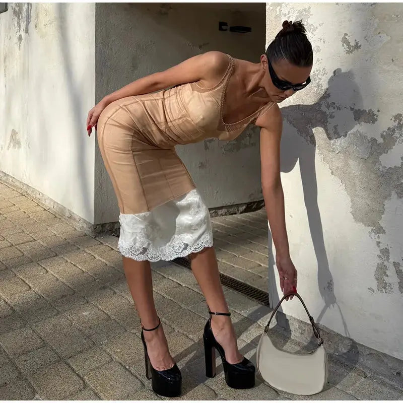 Mesh Overlay Lace Hem Slip Midi Dress Slim Spaghetti Strap Sheer 2026 Summer Elegant Women Bodycon Dress Retro Date Lady Gown SHOPEZRA L.L.C.