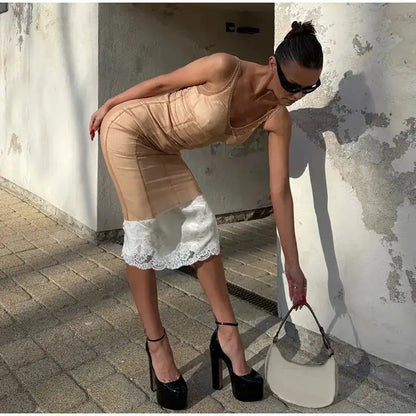Mesh Overlay Lace Hem Slip Midi Dress Slim Spaghetti Strap Sheer 2026 Summer Elegant Women Bodycon Dress Retro Date Lady Gown by Dropshipman