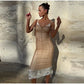 Mesh Overlay Lace Hem Slip Midi Dress Slim Spaghetti Strap Sheer 2026 Summer Elegant Women Bodycon Dress Retro Date Lady Gown SHOPEZRA L.L.C.