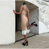 Mesh Overlay Lace Hem Slip Midi Dress Slim Spaghetti Strap Sheer 2026 Summer Elegant Women Bodycon Dress Retro Date Lady Gown SHOPEZRA L.L.C.
