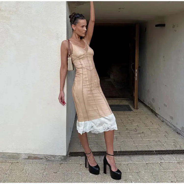 Mesh Overlay Lace Hem Slip Midi Dress Slim Spaghetti Strap Sheer 2026 Summer Elegant Women Bodycon Dress Retro Date Lady Gown SHOPEZRA L.L.C.