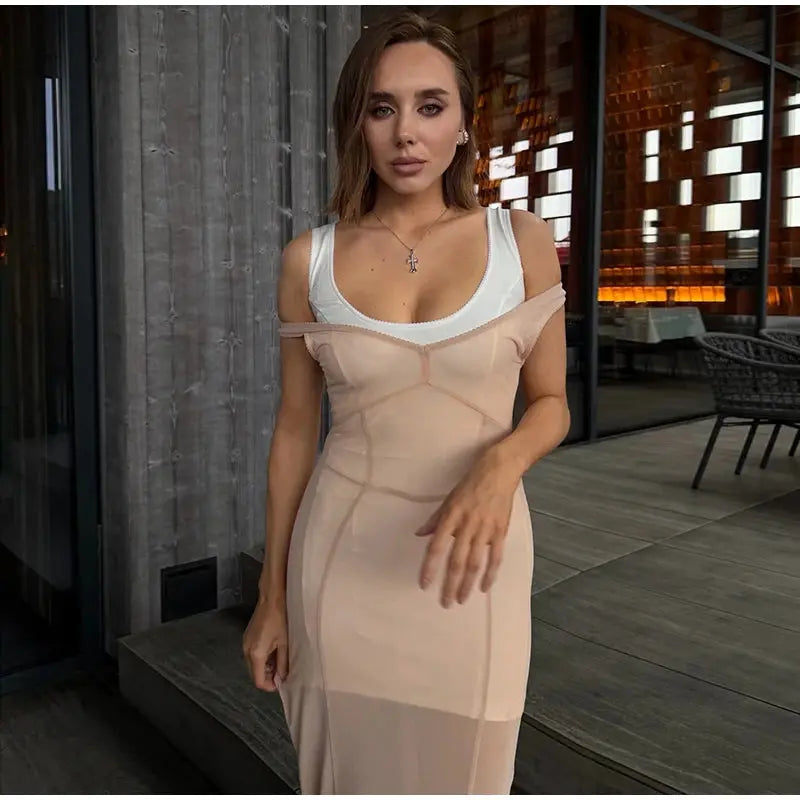 Mesh Overlay Lace Hem Slip Midi Dress Slim Spaghetti Strap Sheer 2026 Summer Elegant Women Bodycon Dress Retro Date Lady Gown SHOPEZRA L.L.C.