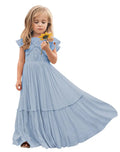 Toddler boho flower girl dress in dusty blue with lace embroidery and ruffle sleeves, perfect for weddings and parties.