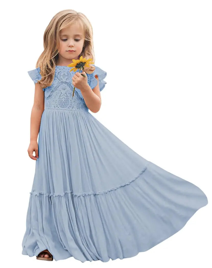 Toddler boho flower girl dress in dusty blue with lace embroidery and ruffle sleeves, perfect for weddings and parties.