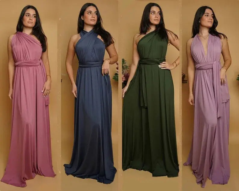 Olive green maxi bridesmaid dress with convertible multiway style, featuring flowing fabric and elegant design for bridal parties.