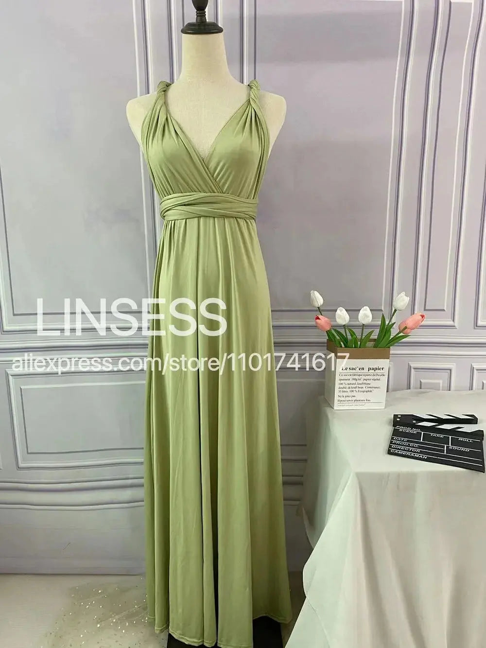 Olive green maxi bridesmaid dress by SHOPEZRA L.L.C., convertible multiway infinity dress for bridal party or special occasions.