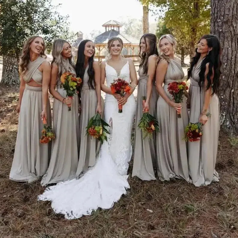Olive green maxi bridesmaid dress by SHOPEZRA L.L.C., convertible multiway bridal party dress with elegant flowing fabric.