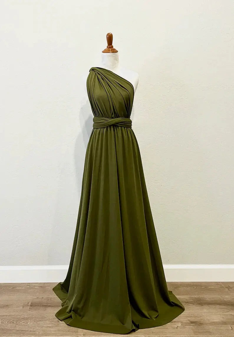 Olive green maxi bridesmaid dress by SHOPEZRA L.L.C., convertible multiway infinity style, perfect for bridal parties and custom fit.