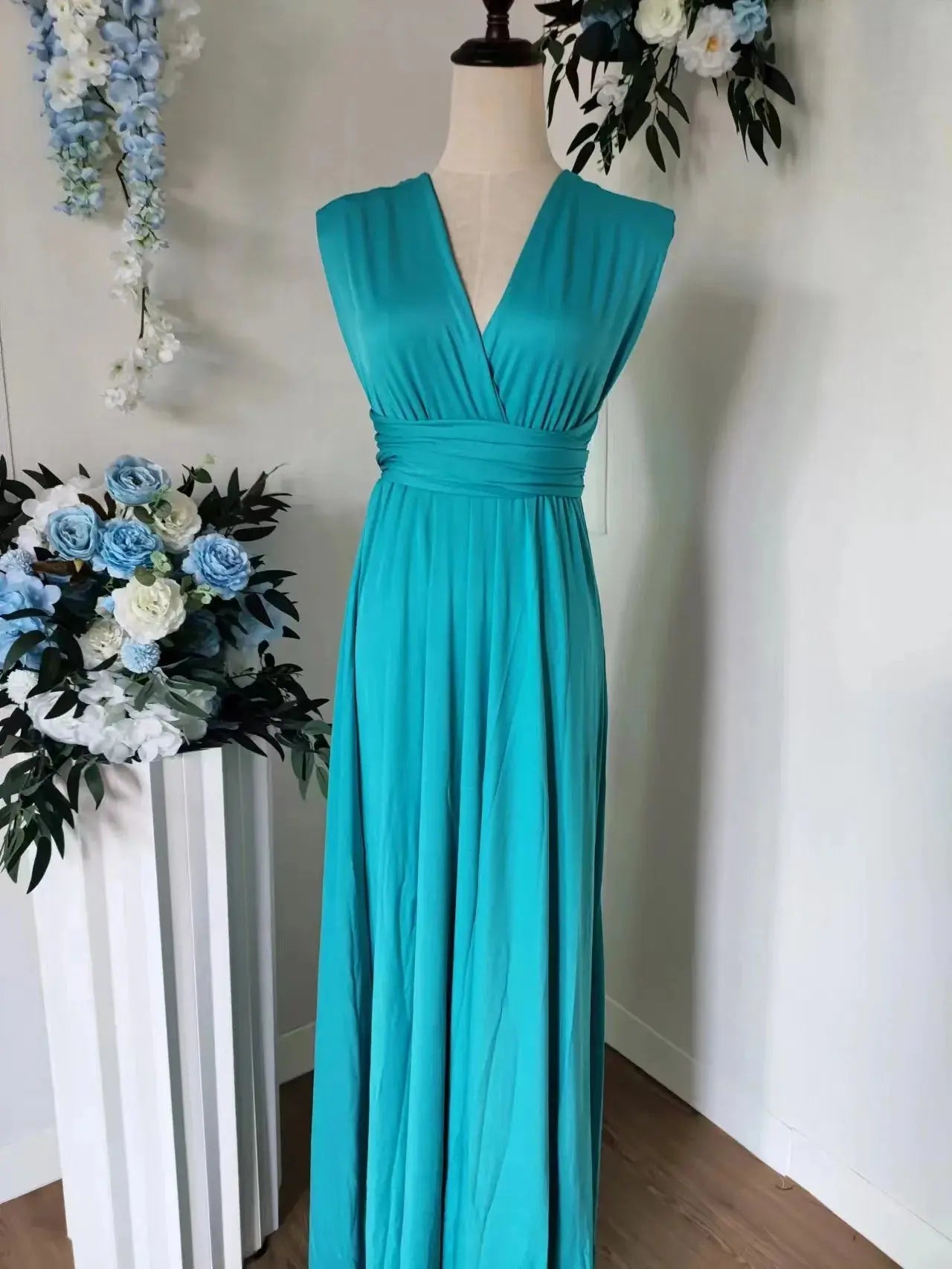 Olive green maxi bridesmaid dress by SHOPEZRA L.L.C., convertible multiway infinity style for bridal party or special events.