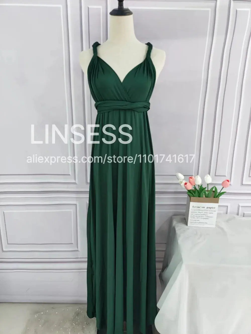 Olive green maxi bridesmaid dress by SHOPEZRA L.L.C., convertible multiway infinity style for bridal party or formal occasion.