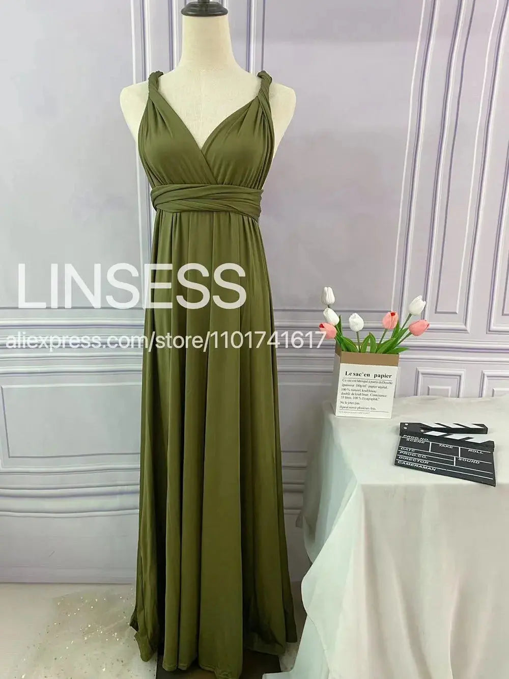 Olive green maxi bridesmaid dress by SHOPEZRA L.L.C., convertible multiway infinity style for bridal party or special occasions.