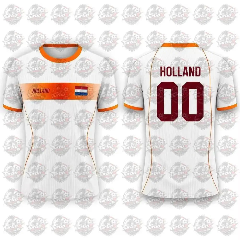 Netherlands flag print football jersey by SHOPEZRA L.L.C. featuring short sleeves, breathable fabric, and casual outdoor style.