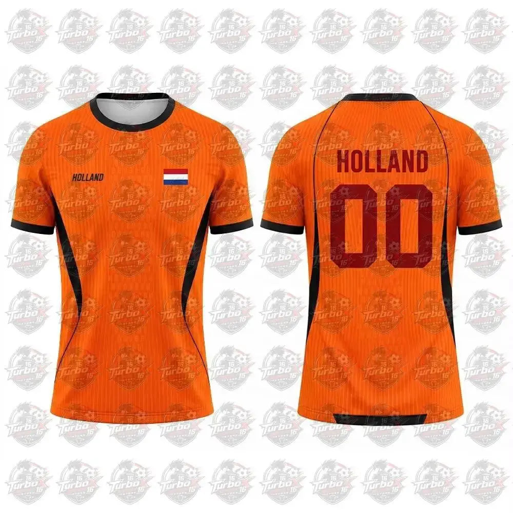 Netherlands flag print football jersey by SHOPEZRA L.L.C., short-sleeved, breathable, casual sports top for adults and family support.