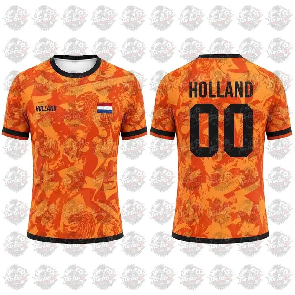 Netherlands flag print football jersey by SHOPEZRA L.L.C., short-sleeved, breathable, casual sports top for adults and family support.