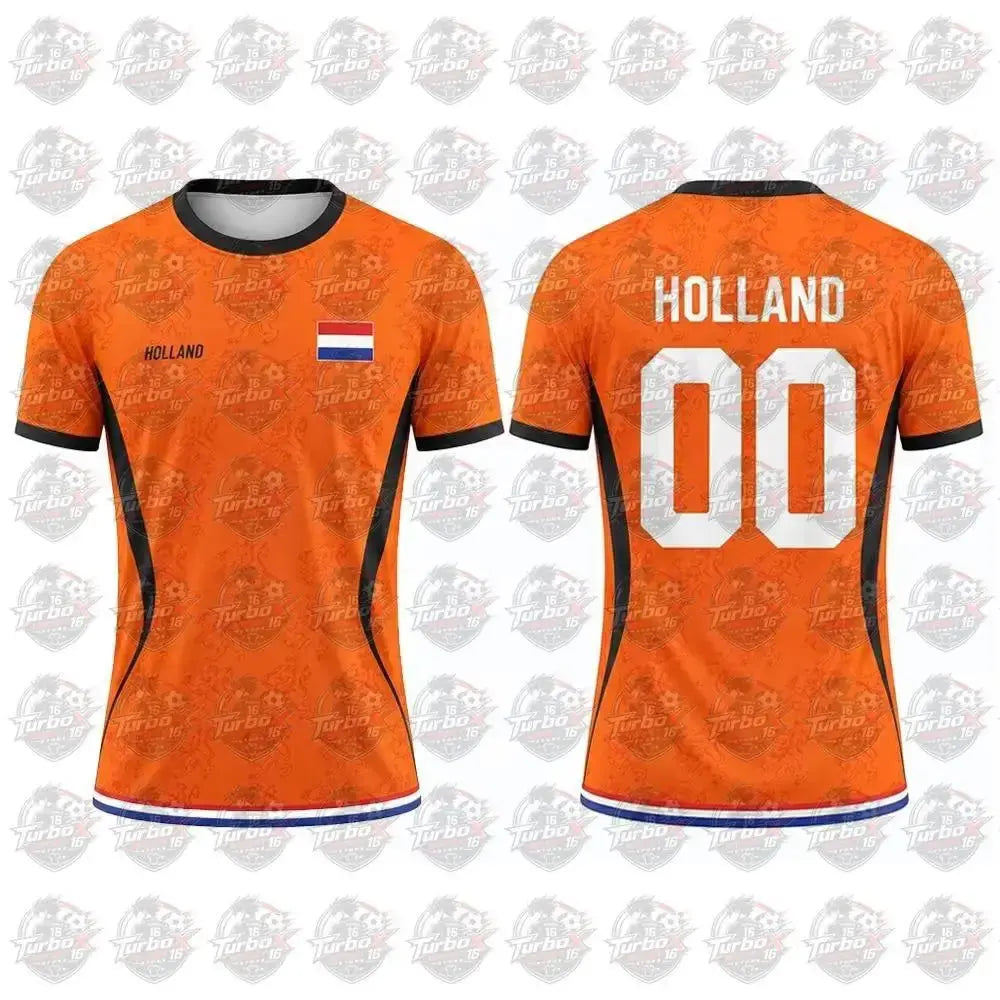 Netherlands flag print football jersey, short-sleeved breathable sports top for adults, family style casual outdoor support.
