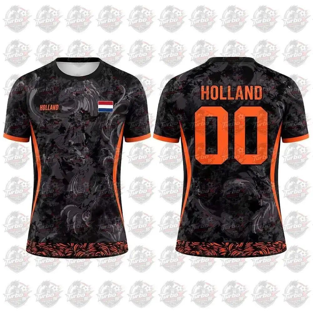 Netherlands flag print football jersey by SHOPEZRA L.L.C., breathable short-sleeve sports top for adults and family outdoor support.