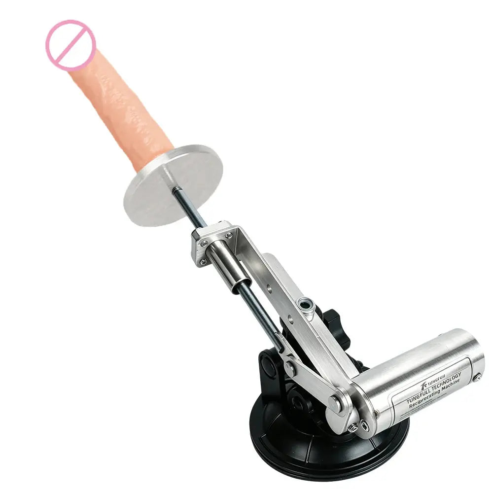 Portable SHOPEZRA sex machine kit with flesh-colored dildo, 45mm stroke, adjustable speed, shipped in carton for female masturbation.