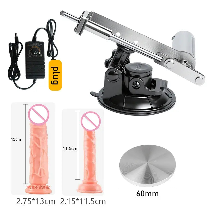 Portable SHOPEZRA L.L.C. 45mm stroke sex machine kit with flesh-colored dildo, adjustable speeds, shipped in carton.