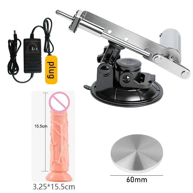 Portable SHOPEZRA L.L.C. 45mm stroke sex machine kit with flesh-colored dildo, adjustable 30-300RPM for female masturbation.