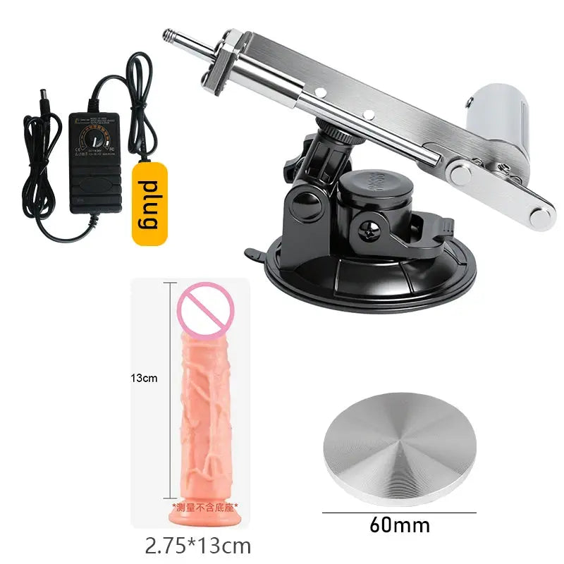 Portable SHOPEZRA sex machine kit with 45mm stroke and flesh-colored dildo, adjustable speed from 30 to 300 RPM, in carton packaging.