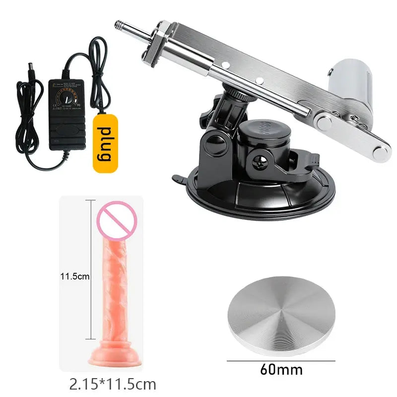 Portable 45mm stroke sex machine kit with flesh-colored dildo, adjustable speed from SHOPEZRA L.L.C., shipped in carton.