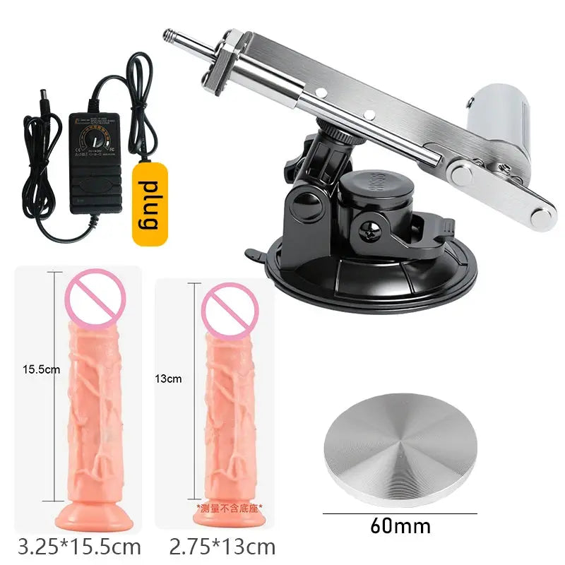 Portable SHOPEZRA L.L.C. 45mm stroke sex machine kit with flesh-colored dildo, adjustable speed, shipped in carton.