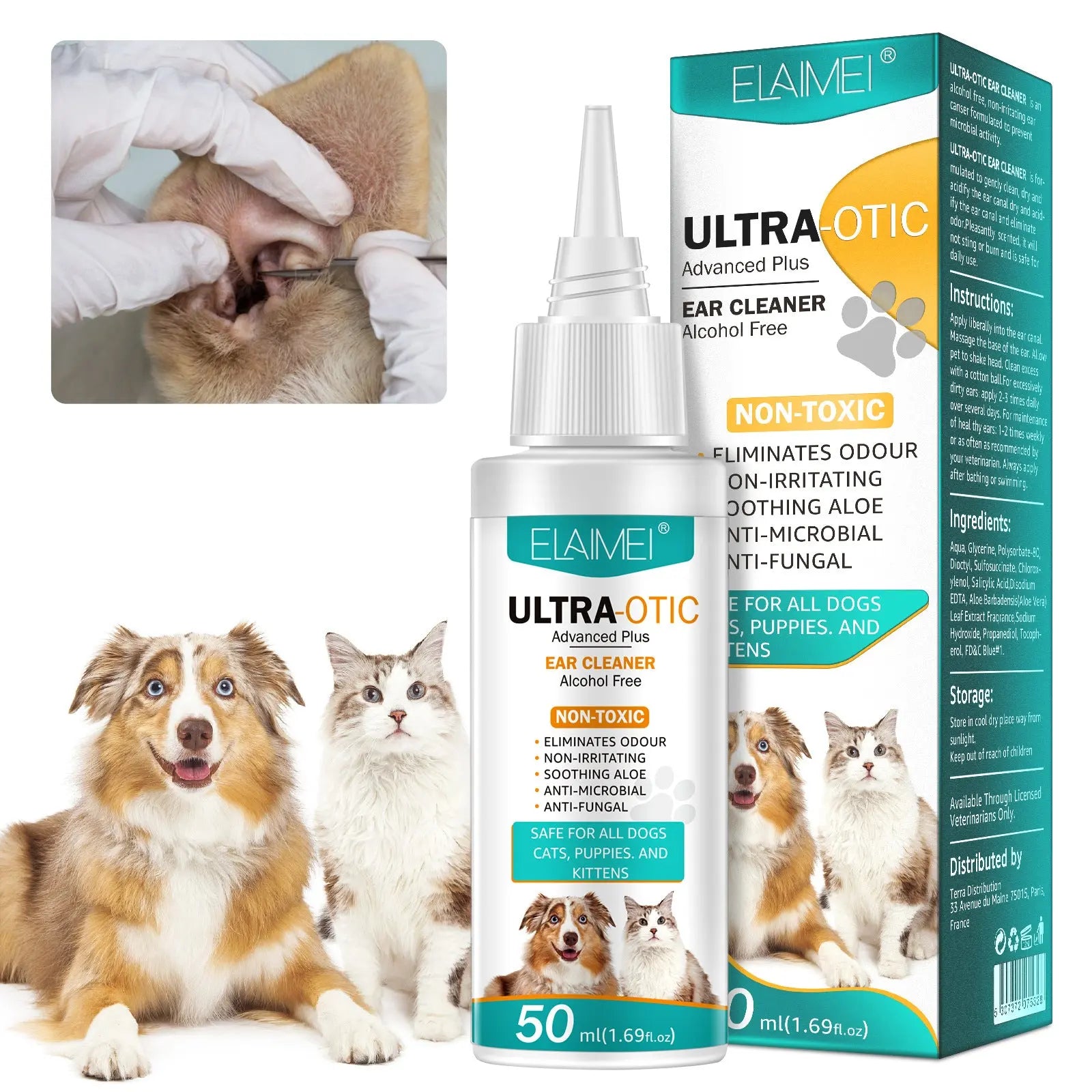 Pet ear cleaning solution in 50ml bottle, safe for dogs and cats, removes dirt and prevents infections.