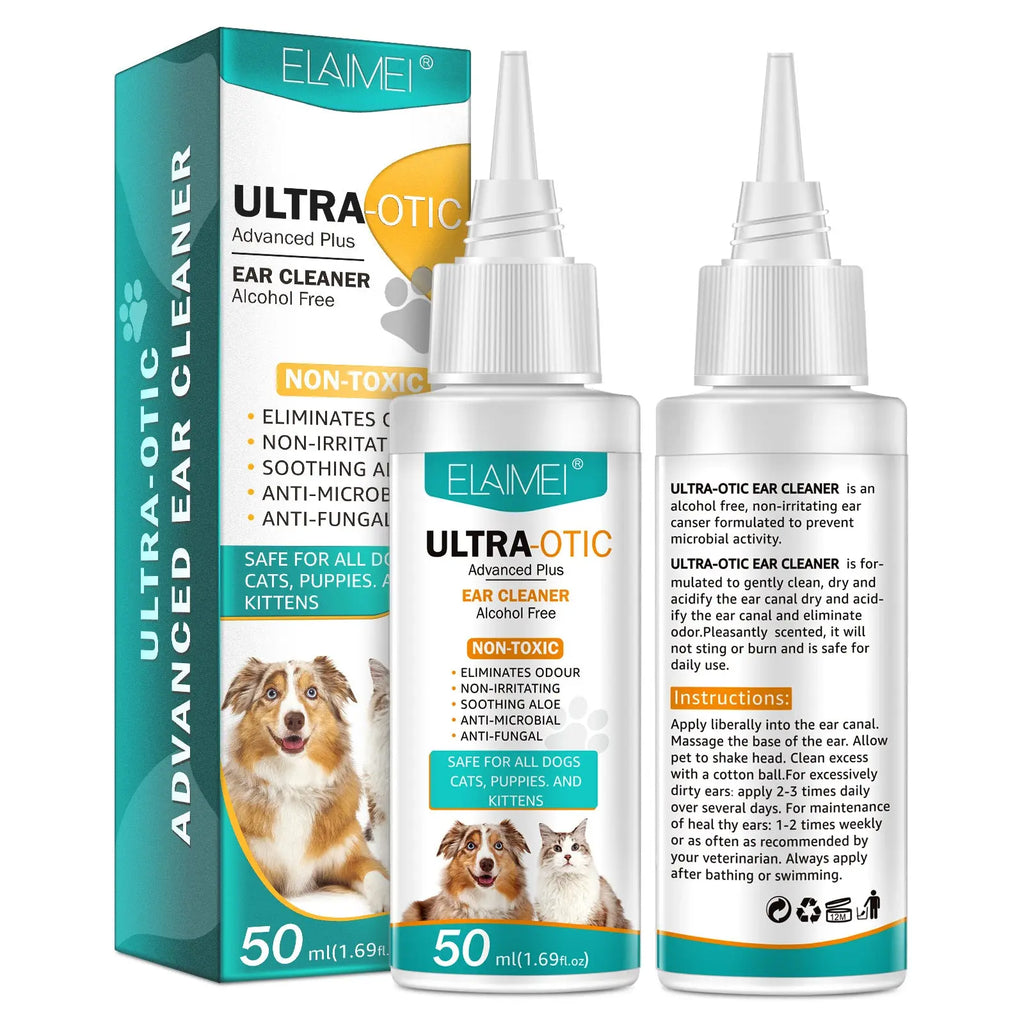 Pet ear cleaning solution in a 50ml bottle, gentle and non-toxic for dogs and cats, promoting ear health.