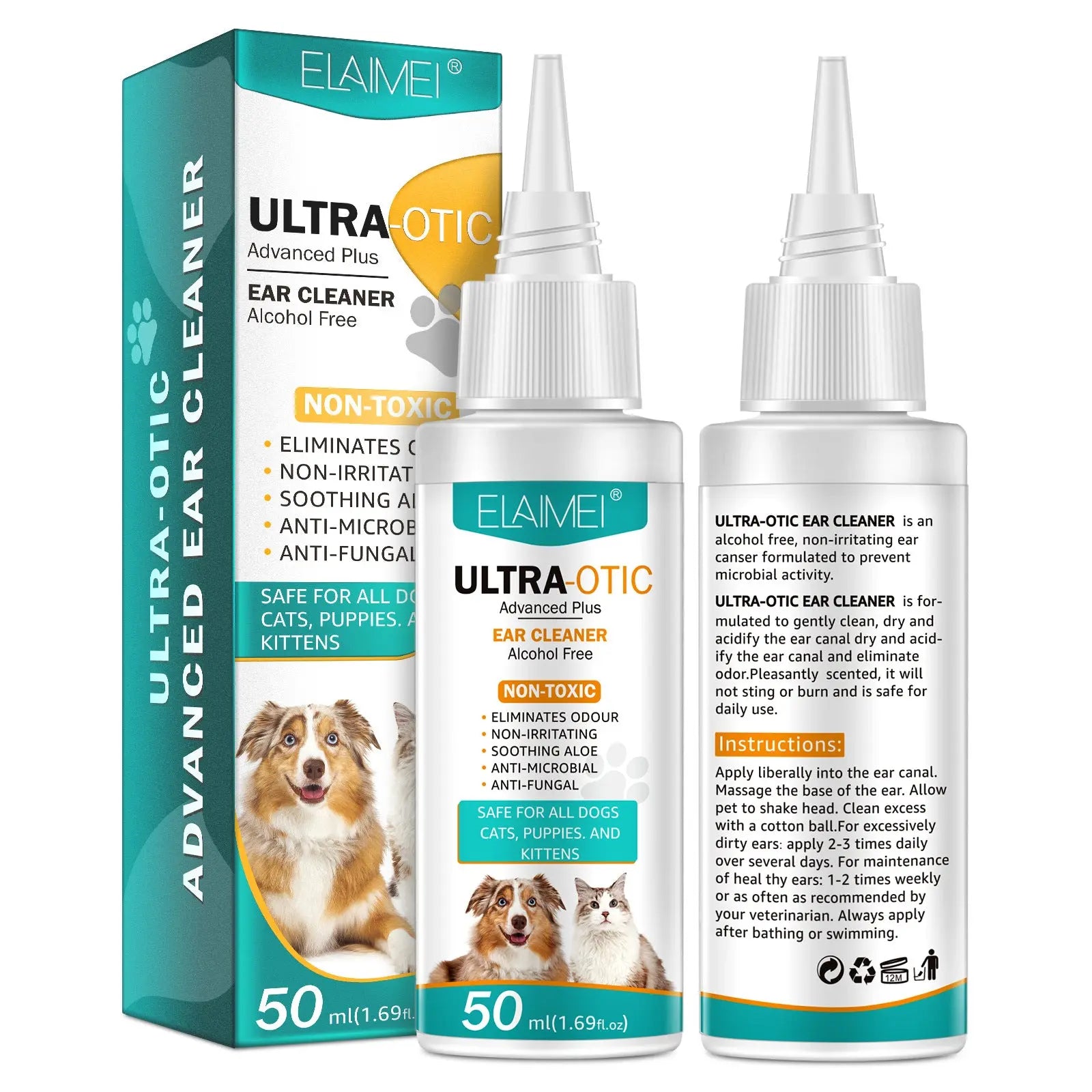 Pet ear cleaning solution in a 50ml bottle, gentle and non-toxic for dogs and cats, promoting ear health.
