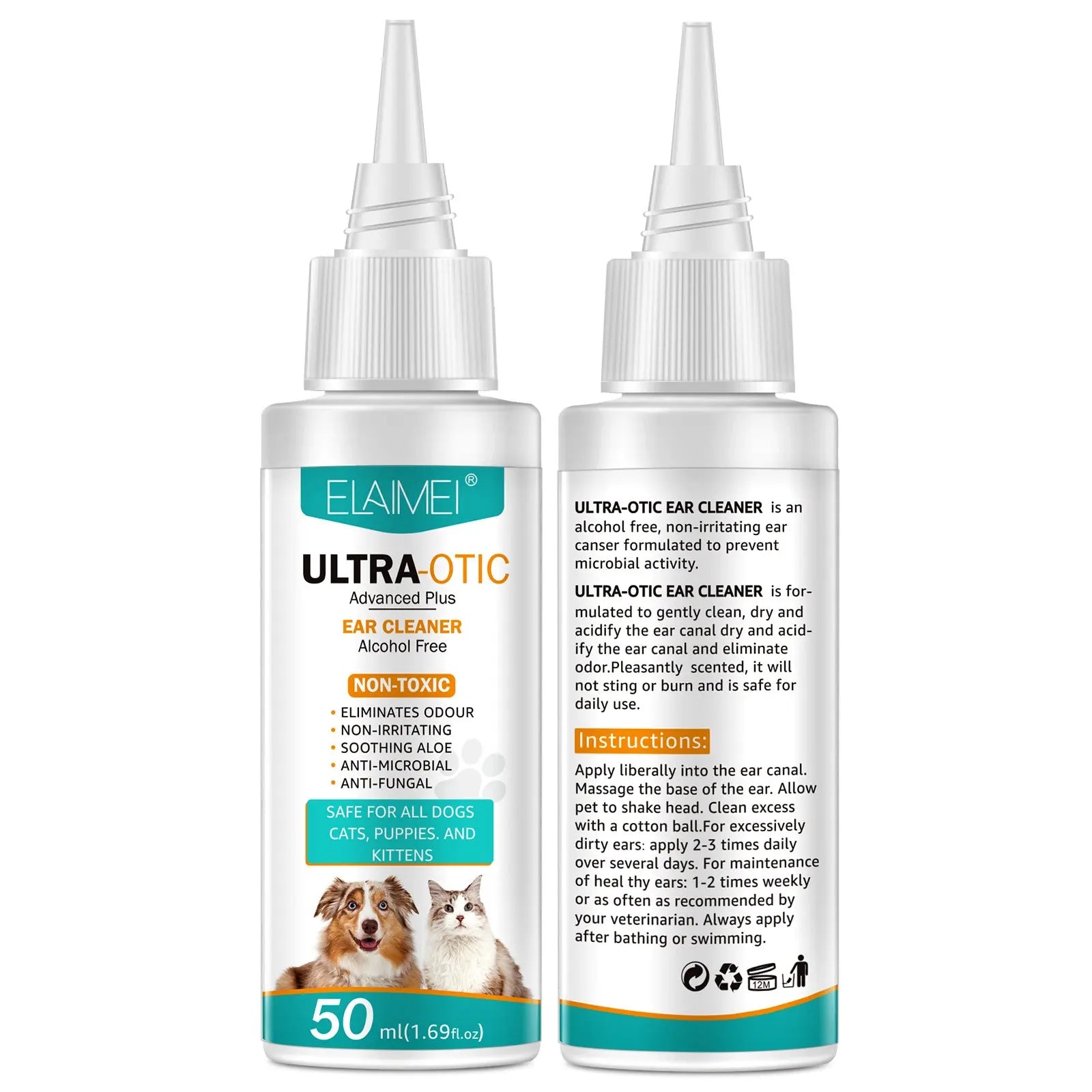 Pet ear cleaning solution 50ml bottle, suitable for dogs and cats, promoting ear health and hygiene.