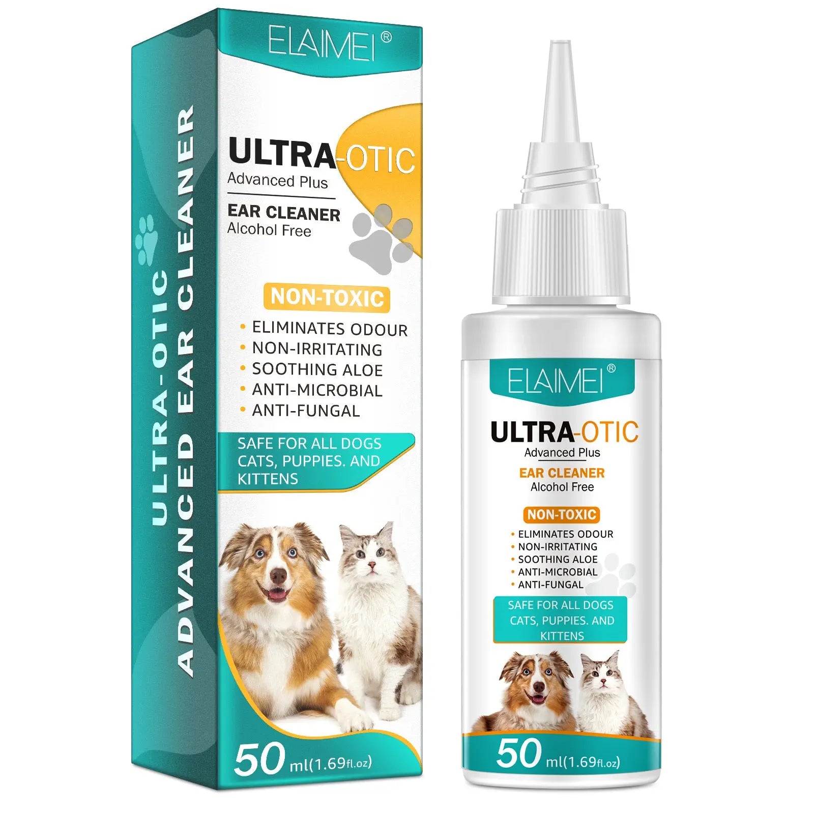Pet ear cleaning solution in a 50ml bottle, safe for dogs and cats, alcohol-free, non-toxic formula.