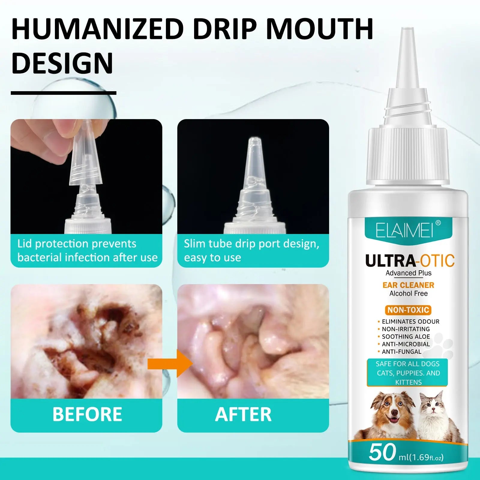 SHOPEZRA L.L.C. Pet Ear Cleaner 50ml bottle with clear liquid for cleaning and maintaining pet ear hygiene.