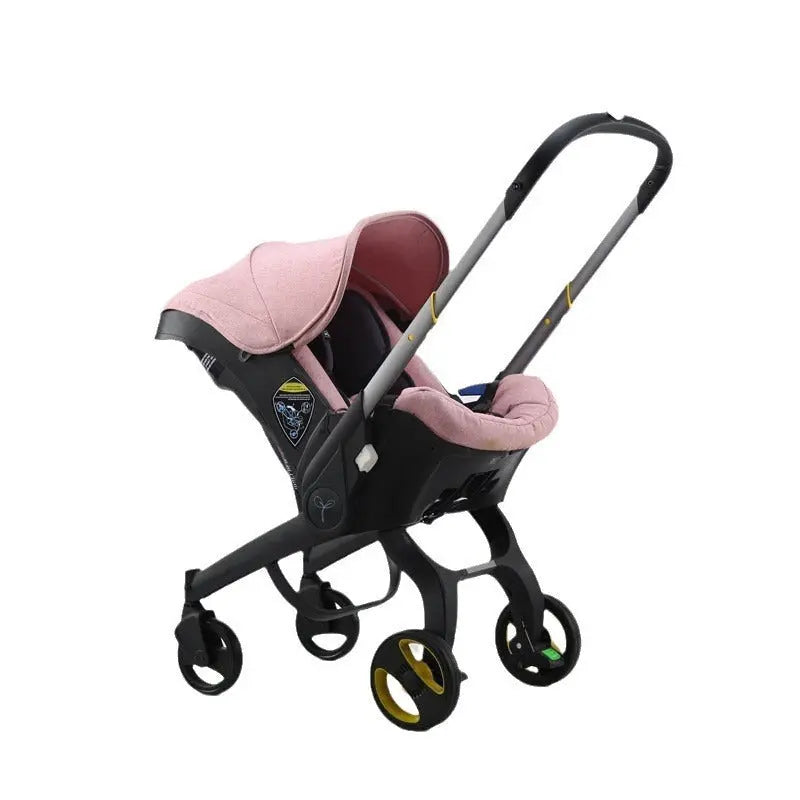 Lightweight foldable baby stroller with pink fabric and sturdy aluminum frame for easy mobility.
