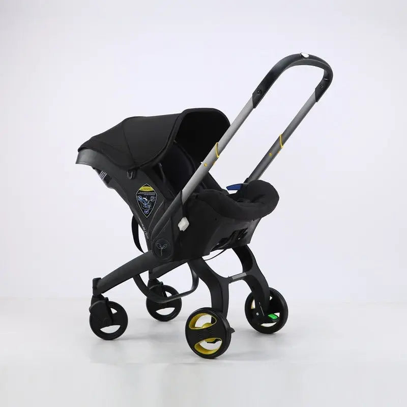 Multi-Functional baby stroller in black, showcasing lightweight foldable design and durable construction.