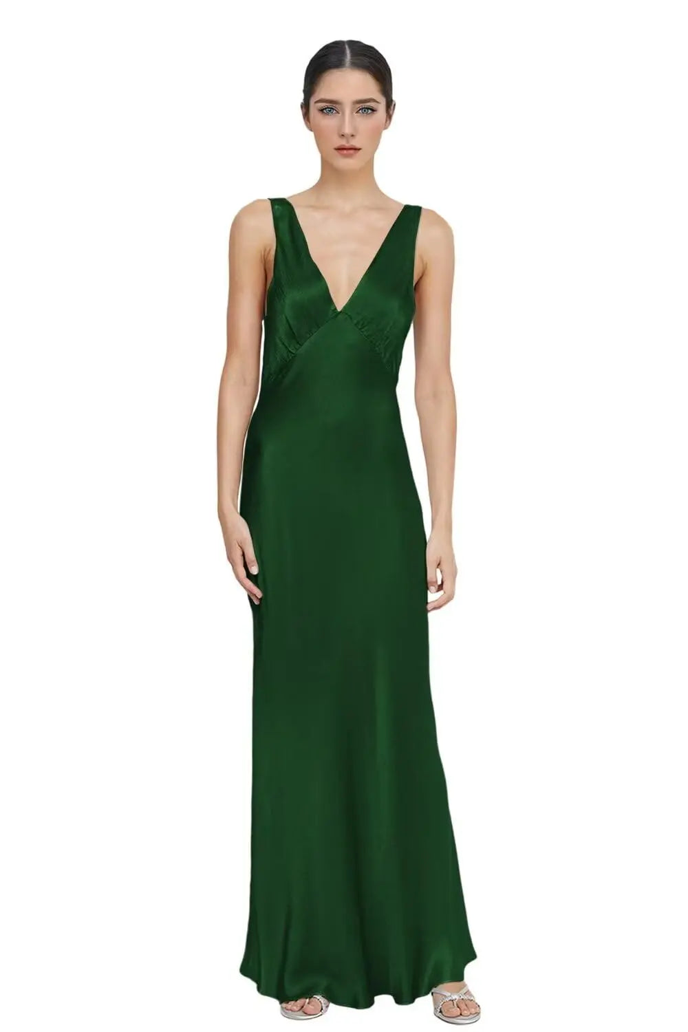 emerald silk bridesmaid dress size 18W on model displaying elegant v-neck design and sleek silhouette