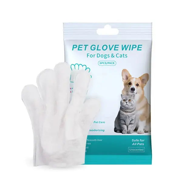 Pet Cleaning Gloves & Wipes package featuring a pet glove wipe for dogs and cats, promoting easy hygiene for pets.