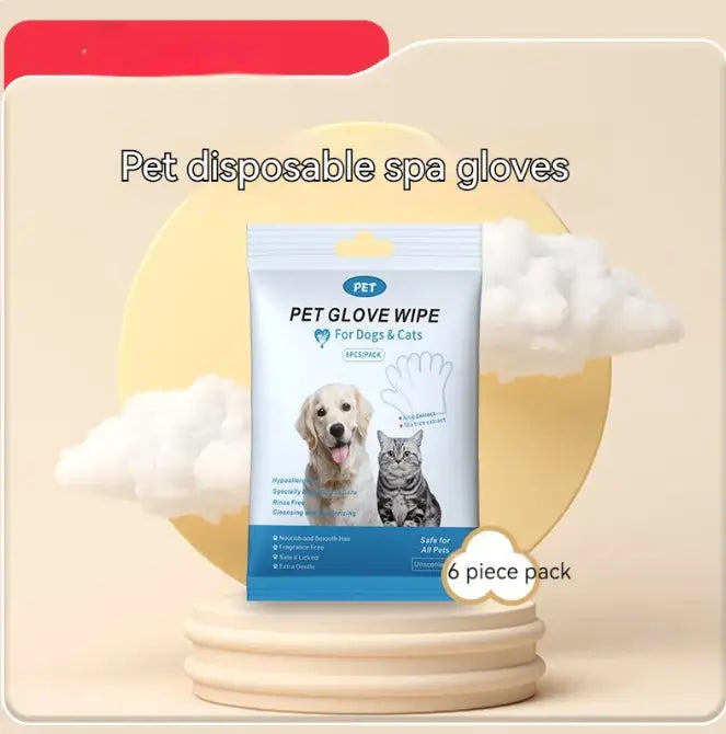 Pet cleaning gloves and wipes in a 6-piece pack for dogs and cats, designed for easy pet hygiene.