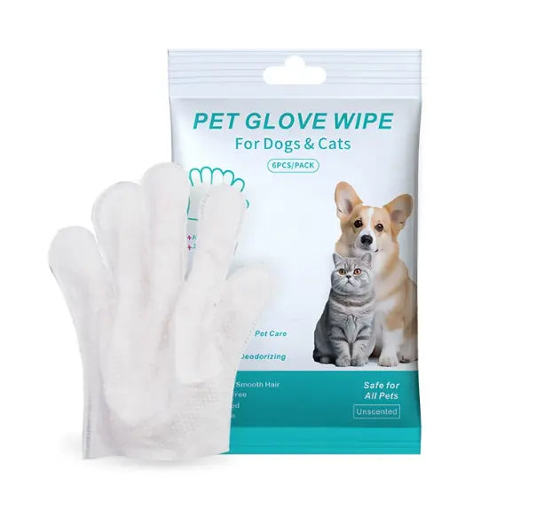 Pet cleaning gloves and wipes pack featuring a paw glove and images of a dog and cat for grooming essentials.